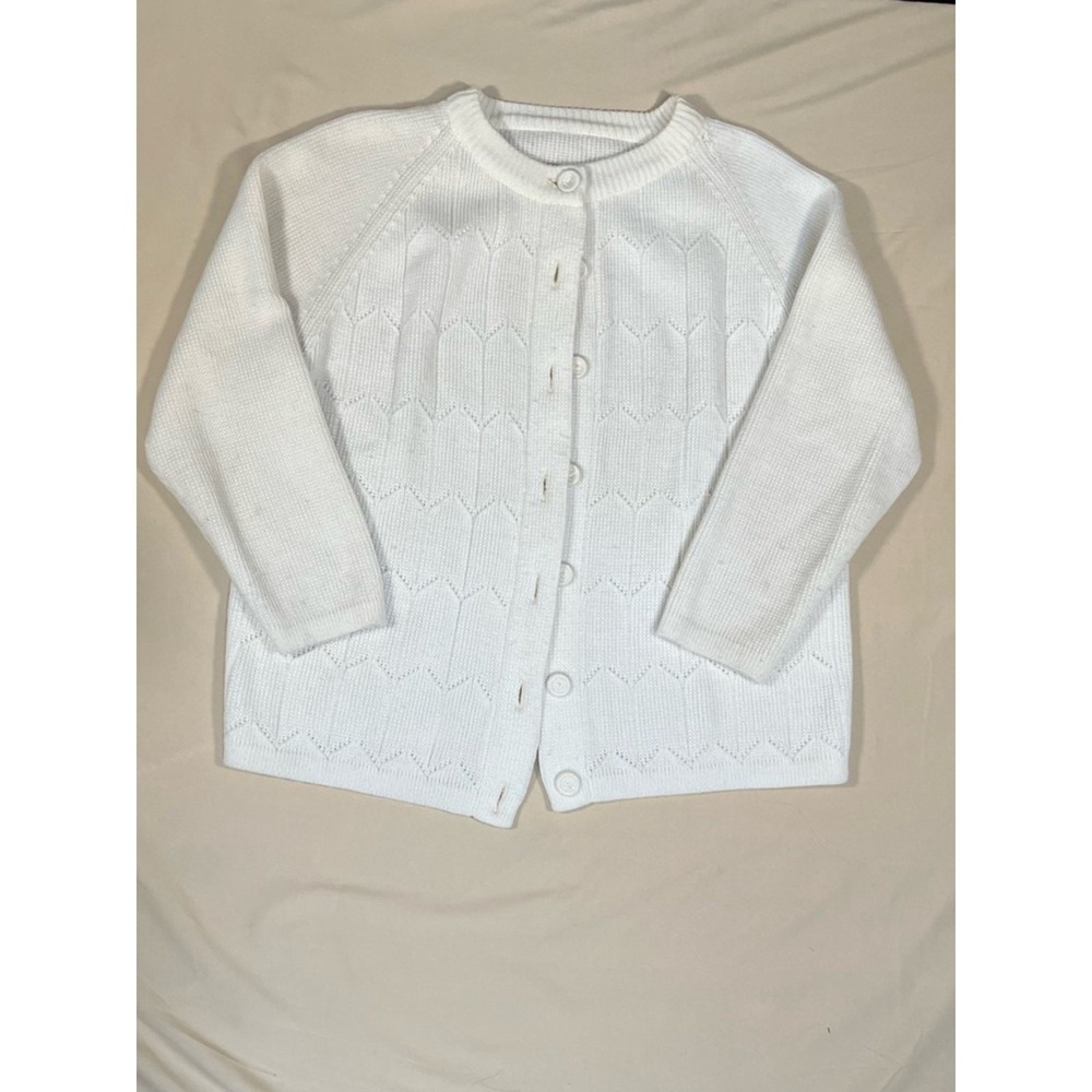Vintage White Pointelle Knit Button Front Cardigan Sweater Crew Neck Raglan L